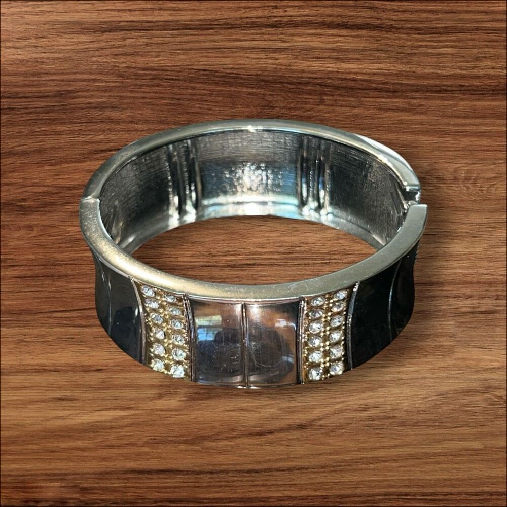 Vintage Silver Tone Gold Tone Clear Rhinestone Hinged Clamper Bracelet